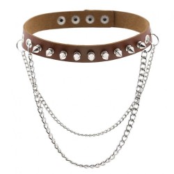 Rivet Spiked Leather Collar With Chain