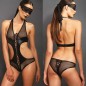 Black Mesh And Leather Splicing Bandage Jumpsuit With Eye Mask